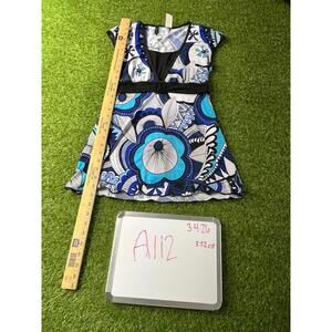 ND New Directions Womens Medium Y2K Tunic Top Waist Tie Blue Black White Retro